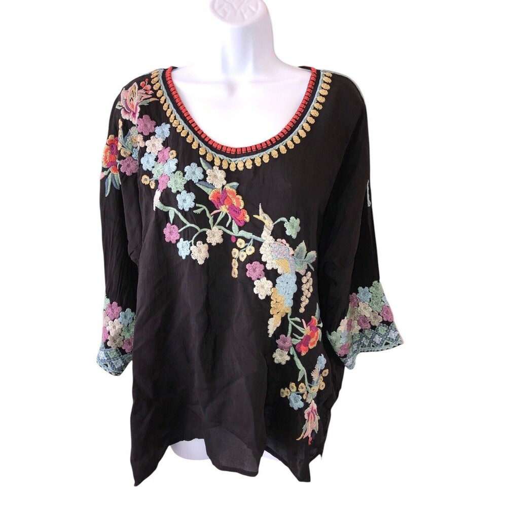 JOHNNY WAS Merielle Blouse Black Embroidered Tunic Top Size Large